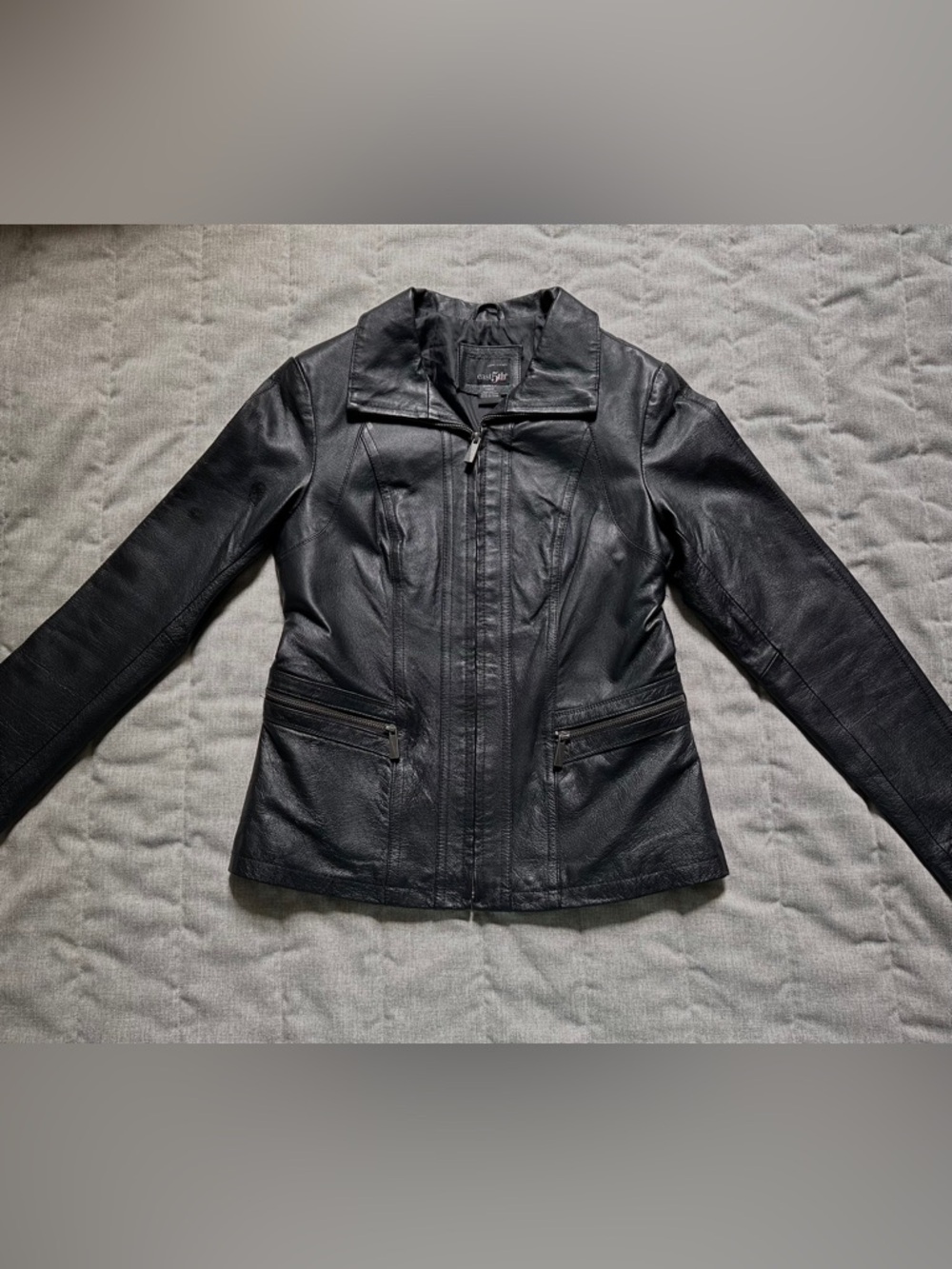 Y2K East 5th Black 100% Genuine Leather Jacket Women’s S Zip Up Front Pockets